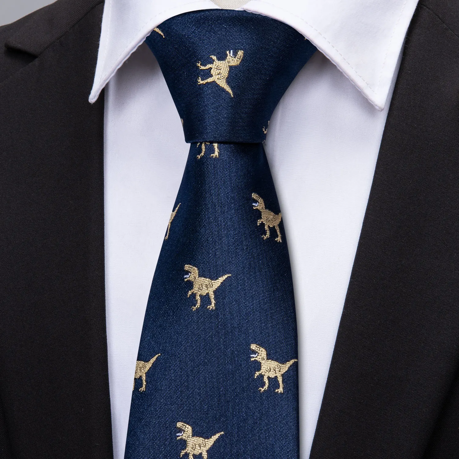 Fashion Blue Dinosaur Men Silk Tie With Pocket Square Cufflink Set Novelty Animal Pattern Suit Necktie Party Business Barry.Wang