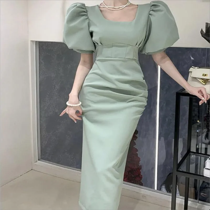 ผู้หญิงที่สง่างามสแควร์คอปกชุดแฟชั่นฤดูร้อนสีเขียวพัฟแขนสุภาพสตรีสํานักงานB Odyconแยกชุดยาว