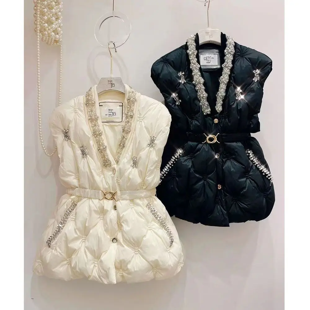 Winter Lace Spliced Doll Collar Wrapped Waist Diamonds Beaded Cotton Padded Coat Warm Down Cotton Quilted Parkas Sleeveless Tops