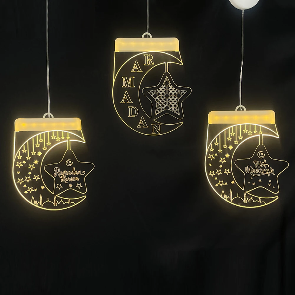 Luces LED musulmanas colgantes de luna y estrella, decoraciones 3D de Ramadán, adorno colgante, suministros de regalos para fiestas en casa