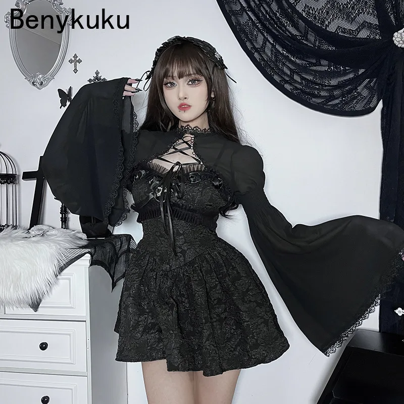 Flare Sleeve Gothic Cropped Tops Grunge Chiffon Female Black Emo Alternative Party Cover Up Goth Punk Lace Up Mall Bolero Shrug