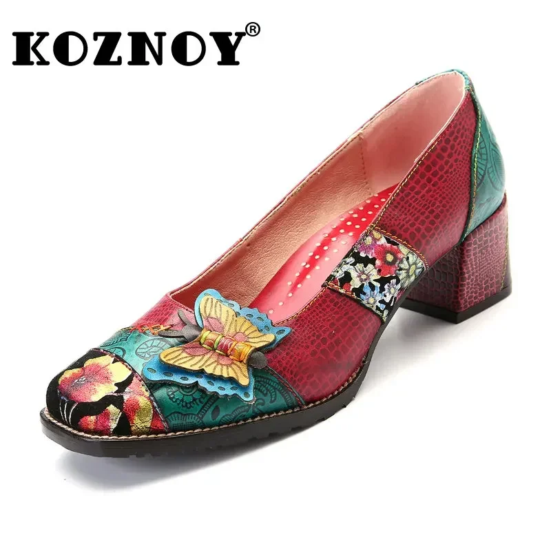 

Koznoy 5.5cm 2023 New Sheepskin Leather Ethnic Appliques Butterfly Summer Women Print High Big Size Fashion Luxury Elegant Shoes