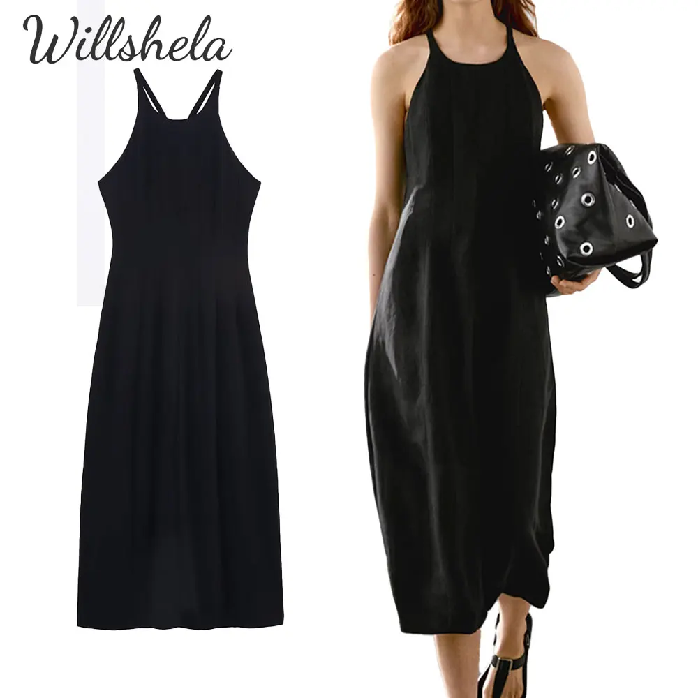 

Willshela Women Fashion Black Midi Camisole Dress Round Neck Sleeveless Female Chic Lady Casual Long Dress
