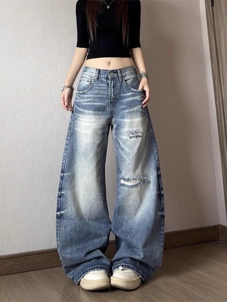 

Retro American Waed out Jeans High Waist Wide Leg Loose Fitting Slimming Long Trousers Spring New Sle Ladies Jeans