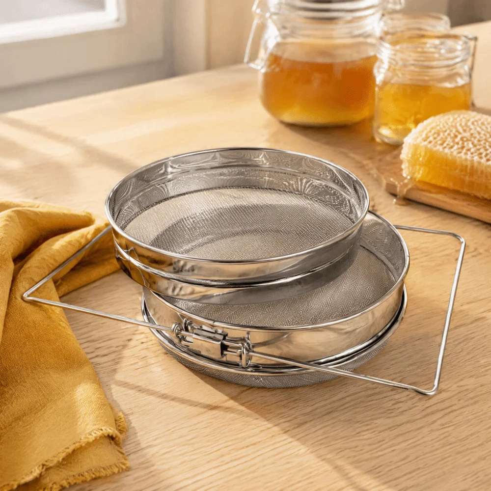 Stainless Steel Double Sieve Honey Strainer Double Sieve Extendable Arms Honey Sieve Set Antiskid Handle Honey Strainer Bucket
