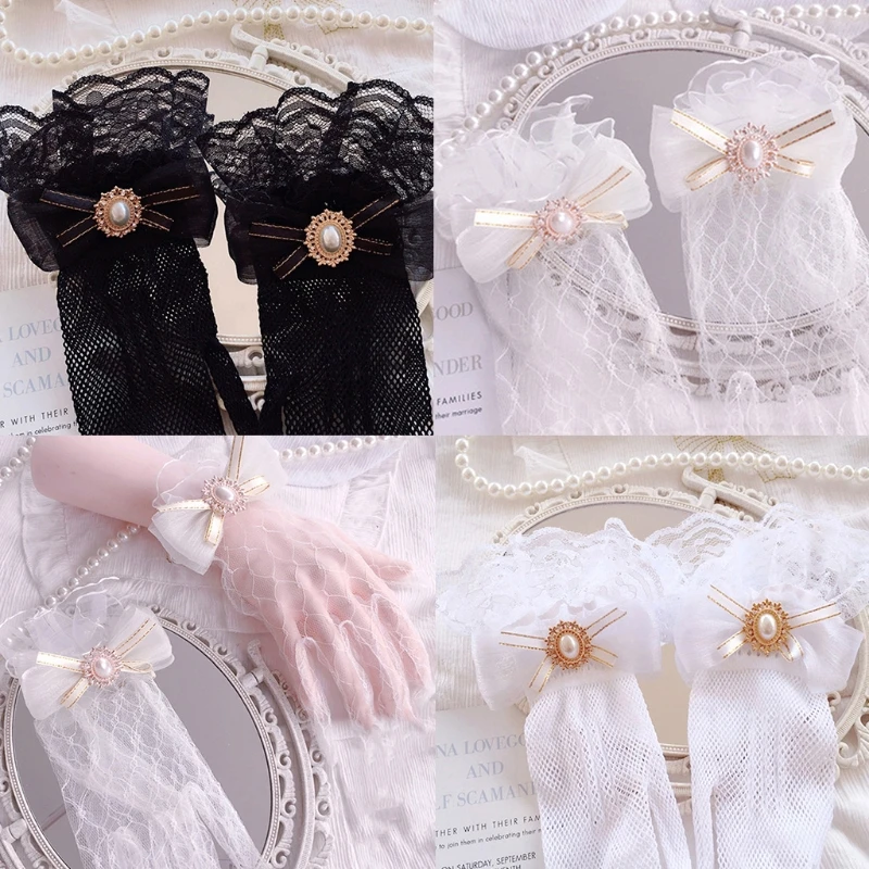 Girl Ruffle Lace Gloves with Bowknot Pearl Elegant Mesh Lace Gloves Gorgeous Elegant Ornament Anime  Cosplay Props