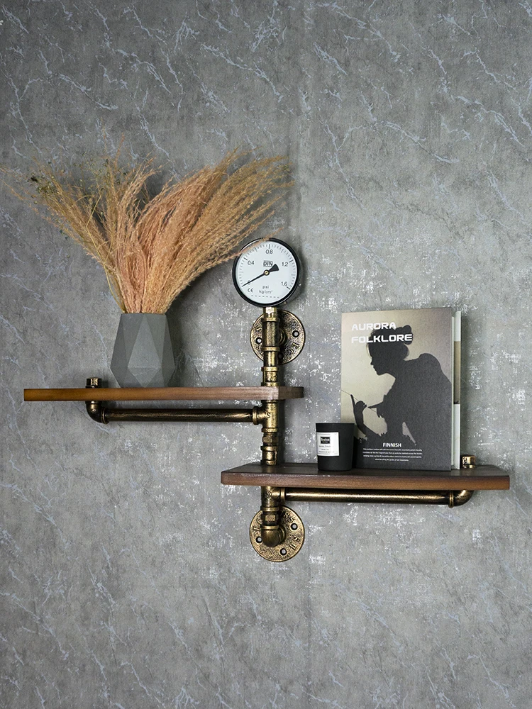 رف جداري إبداعي على الطراز الصناعي رف كتب مزخرف على شكل أنابيب مياه عتيقة معلقة على الحائط من الخشب الصلب والحديد المطاوع #3