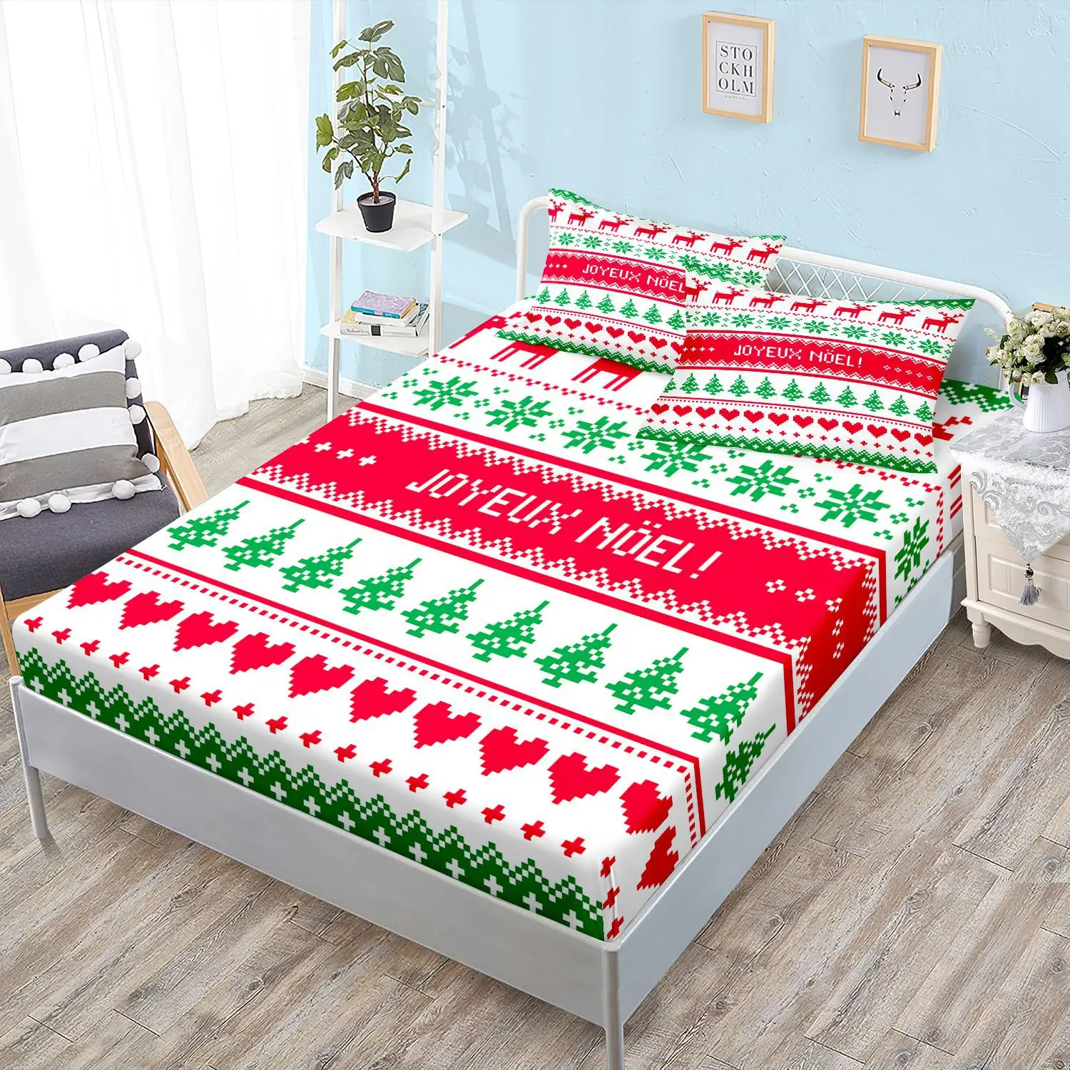 Simply Christmas Printed Fitted Sheet Snowflake Elk Polyester Elastic Band Mattress Cover Pillowcase Fashion Bedroom Decor