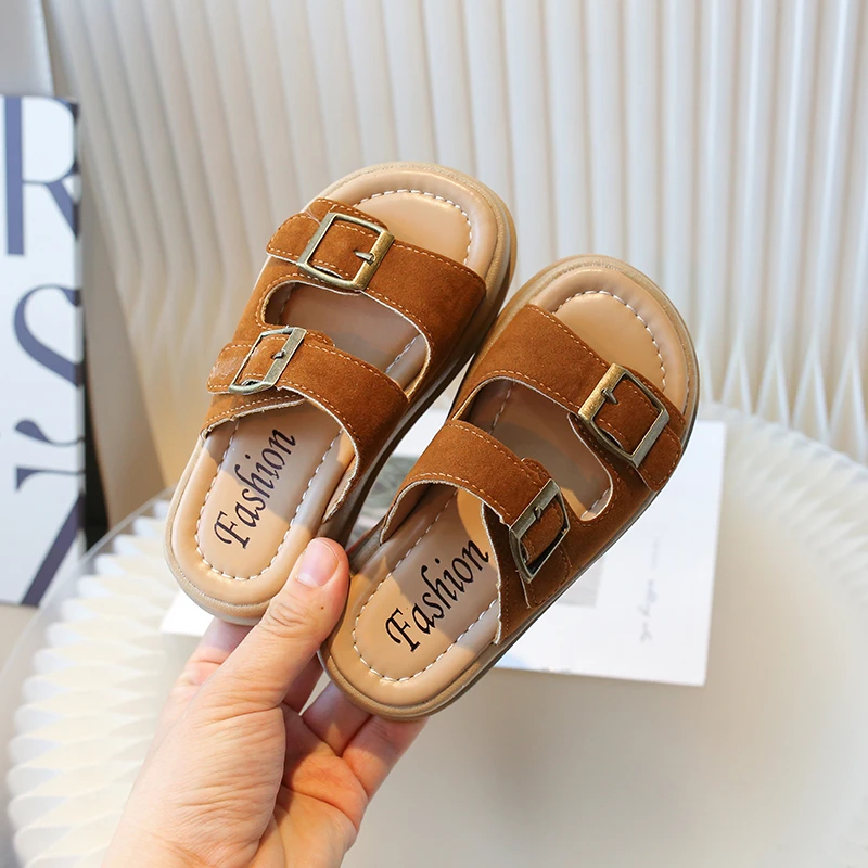 Summer Children Fur Leather Slippers Toddler Boys Buckle Sandals Beach Shoes Kids Infant Open Toe Casual Shoes 3-12Y Sandalias