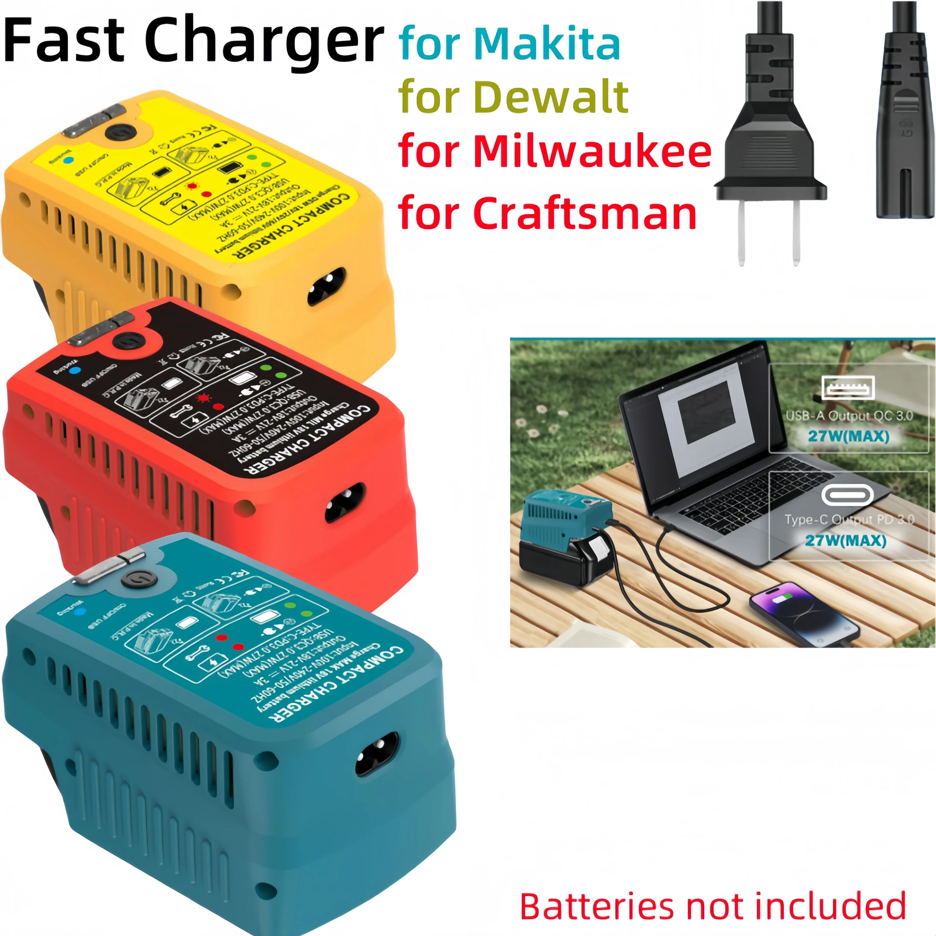

Многофункциональное быстрое зарядное устройство 110 В, 3 А, замена литий-ионных аккумуляторов Makita/Dewalt/Milwaukee/Craftsman 18 В с USB и Type-C