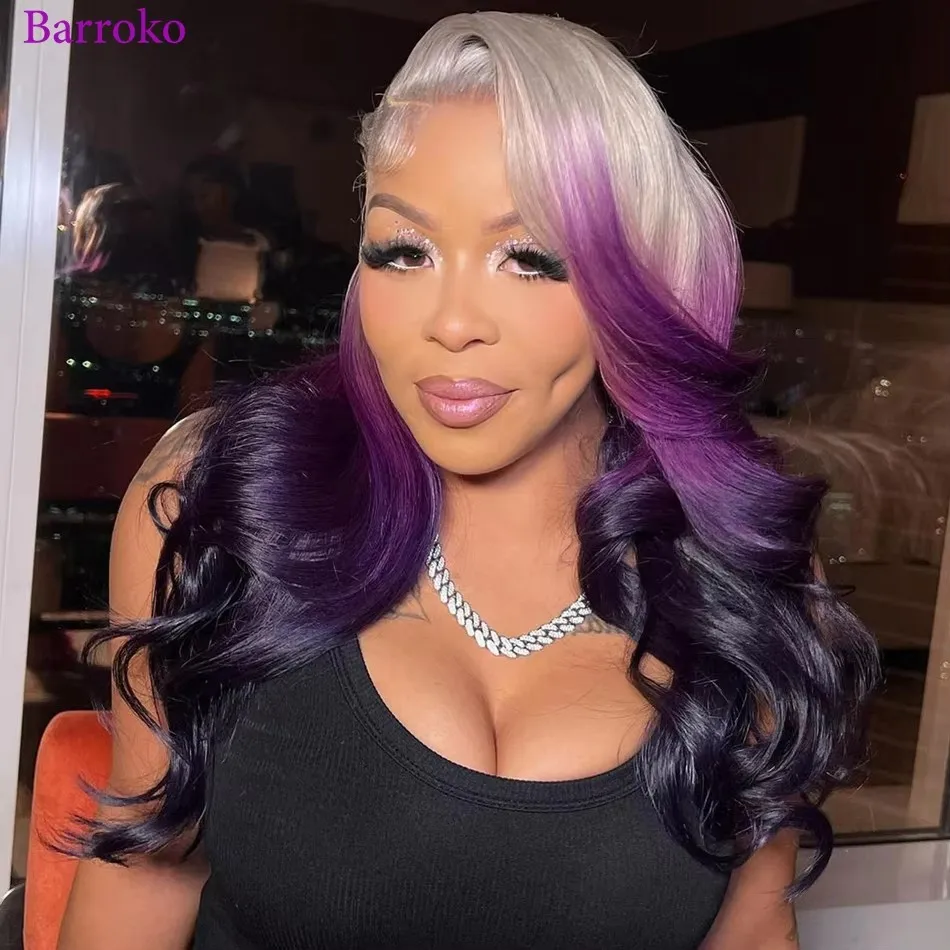 

Omber Grey Purple Colored Lace Frontal Wigs 100％ Human Hair Body Wave Transparent Lace Wig For Black Women Pre Plucked Remy Hair