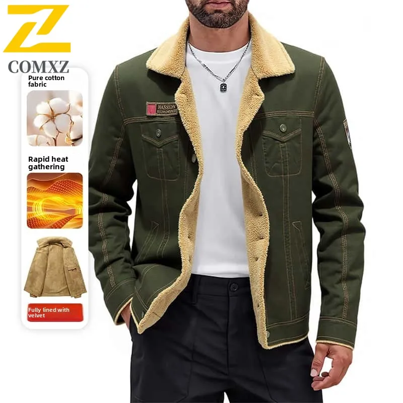 

2025 новая мужская куртка с воротником из чистого хлопка, удобная ветрозащитная утолщенная теплая мужская повседневная рабочая одежда на открытом воздухе, флисовая куртка
