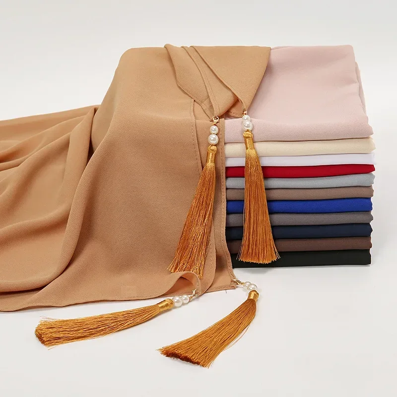 

Тонкий однотонный жемчужный шифоновый хиджаб, шали с бахромой, мусульманские женские однотонные повязки на голову, шарф для женщин, повязки на голову, платок 180*70 см