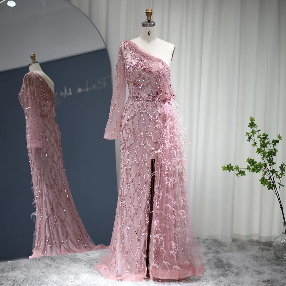 Sharon Said-vestidos de noche de color verde salvia con plumas, sobrefalda rosa, vestido de fiesta de un hombro para mujer, fiesta de boda SS046, personalizado