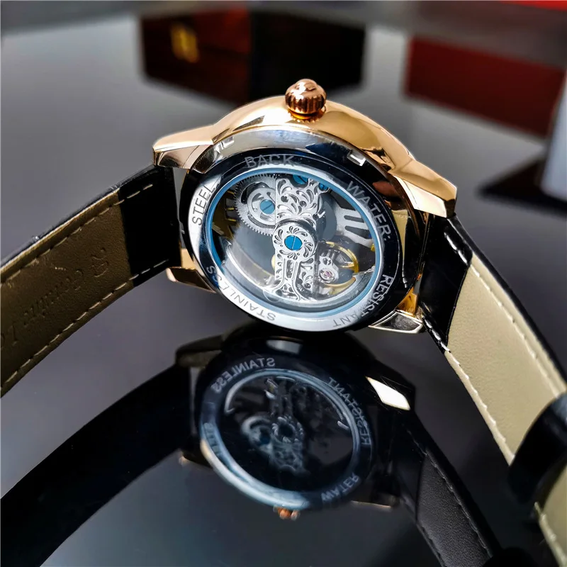AOKULASIC Neue Herrenuhr, luxuriös, hübsches Skelett, Tourbillon, automatisch, mechanisch, wasserdicht, echtes Leder, Schmetterlingsverschluss