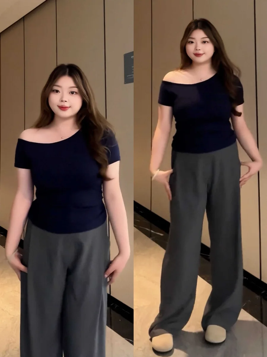 

Летний прямой топ для полных женщин в корейском стиле, с открытыми плечами, приталенный, для стройности, Pure Desire Sle ort Sve oulder Bared T-irt