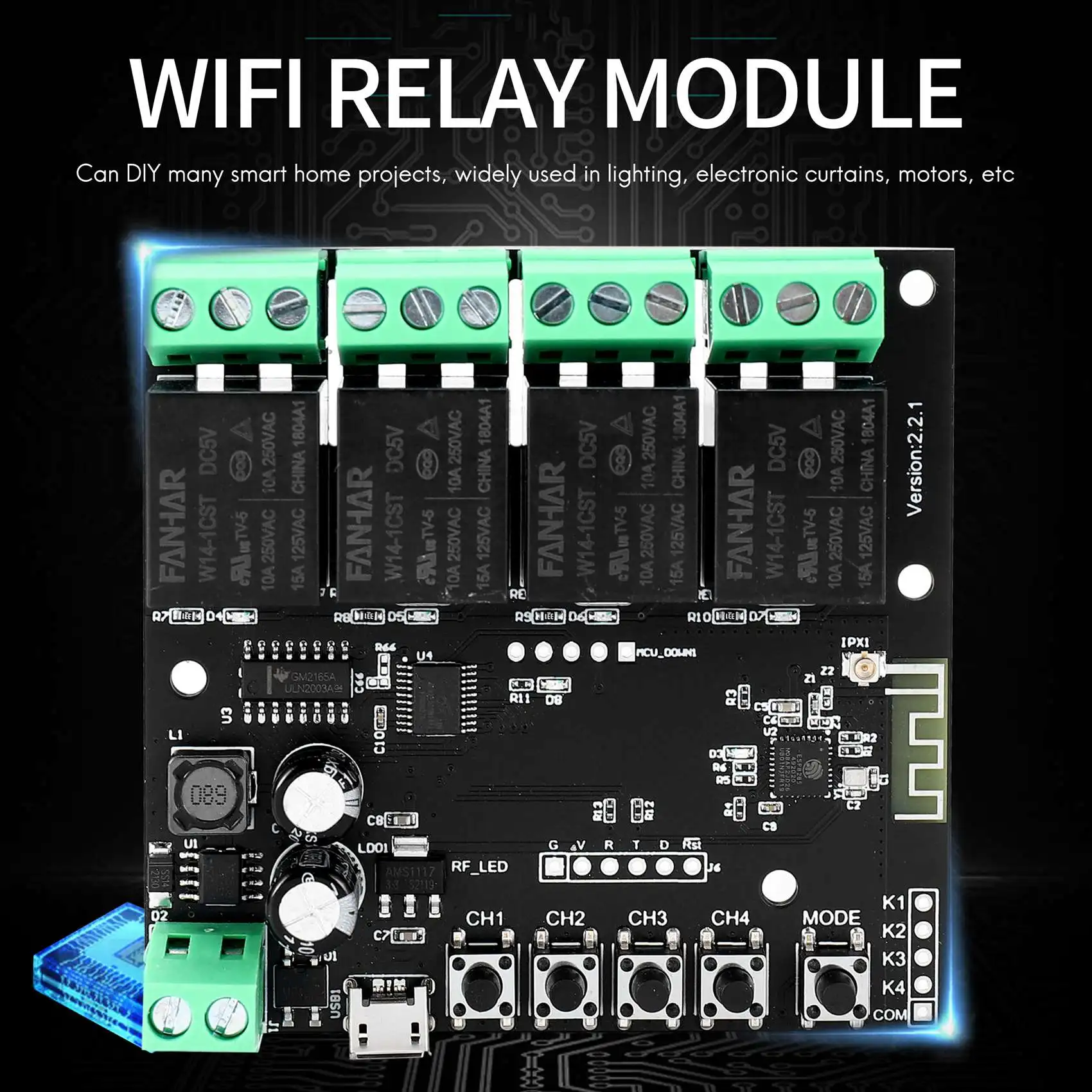 

4-канальный переключатель с поддержкой Wi-Fi и дистанционным управлением