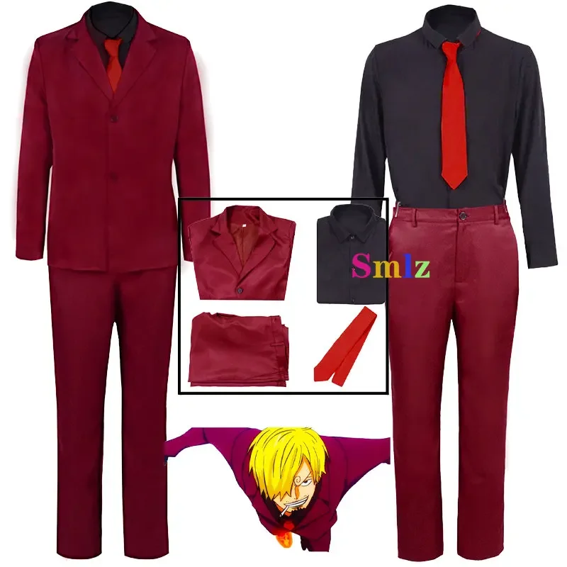 Anime Piratas Sanji Cosplay Traje para Homens, Uniforme Vermelho, Chef Sanji Wig, Trajes de Carnaval de Halloween