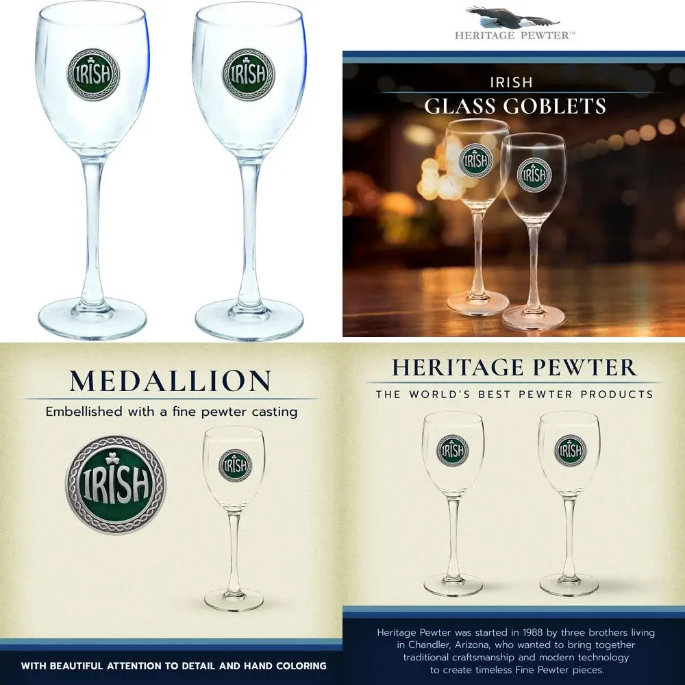 

Irish Glass Goblets Set of 2 - 12 OZ Expertly Crafted Wine Glasses, Elegant Pewter Glassware for Special Occasions