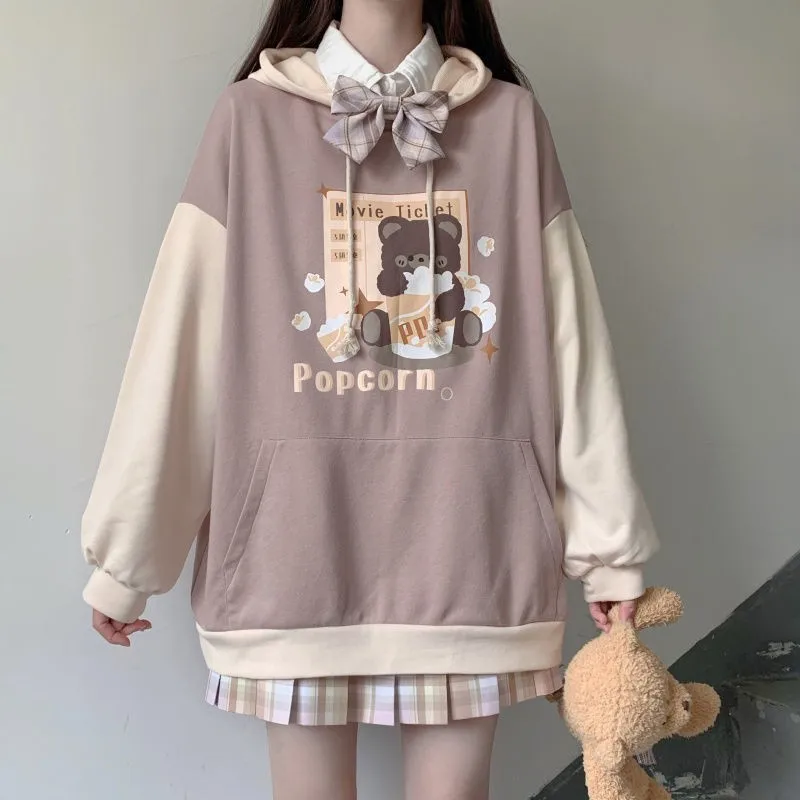 Women Lolita Hoodies Autumn Winter Kawaii Lolita Hoodie Thick Bear Pattern Coat For Teen Girls Color Matching Trend Hooded Top