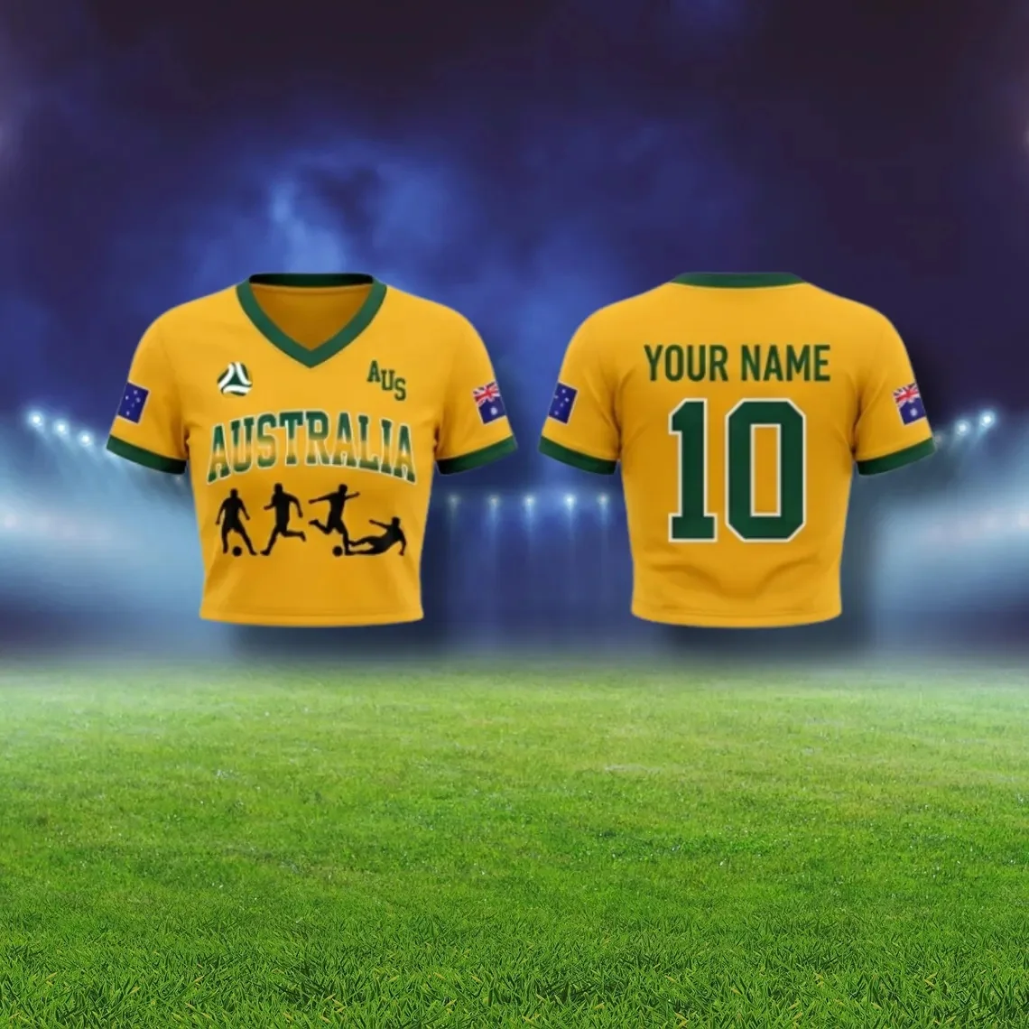 Australia Soccer Crop Top Jersey, All-Over Print Fan Apparel, Custom Name Number Football Fan Shirt, Women's Sports T-Shirts - view 3