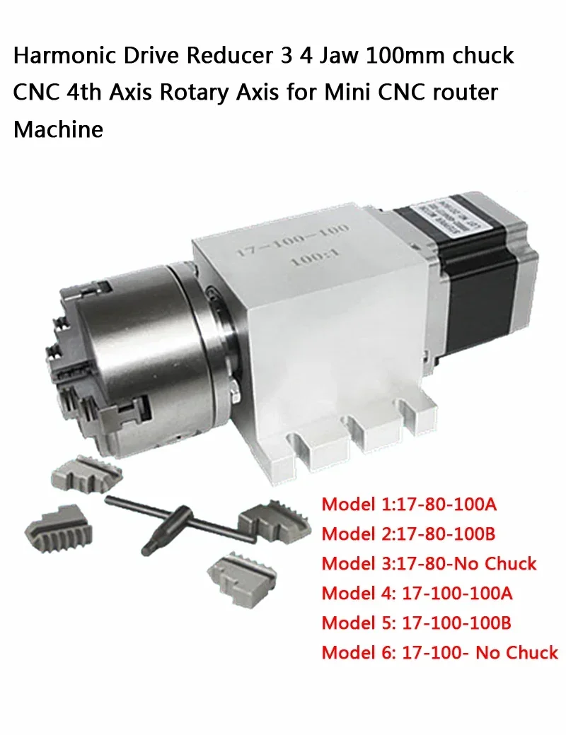 

Harmonic Drive Reducers CNC Rotary Axis 3/4 Jaw 100mm Chuck CNC 4th Axis Rotary Axis Speed Reducing Ratio 100:1 for CNC Machine