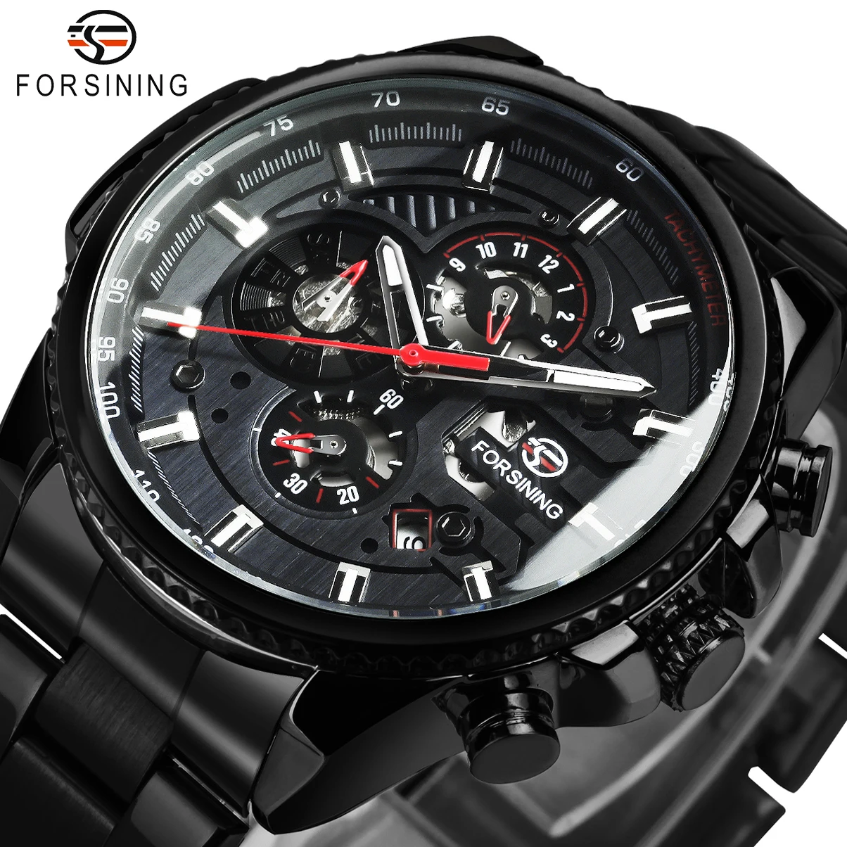 Forsining Multifunctional Sports Mens Watches Top Brand Luxury Automatic Mechanical Men Watch Stainless Steel Strap Small Dials