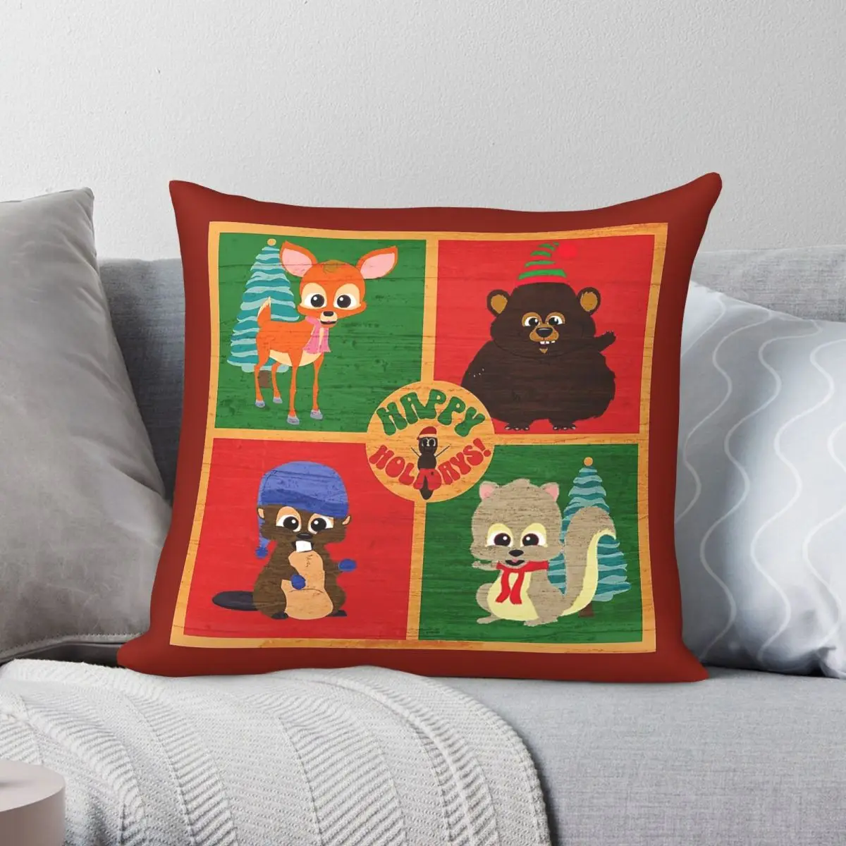 Woodland Critters Happy Holidays Square Pillowcase Polyester Linen Velvet Printed Zip Decor Car Cushion Cover
