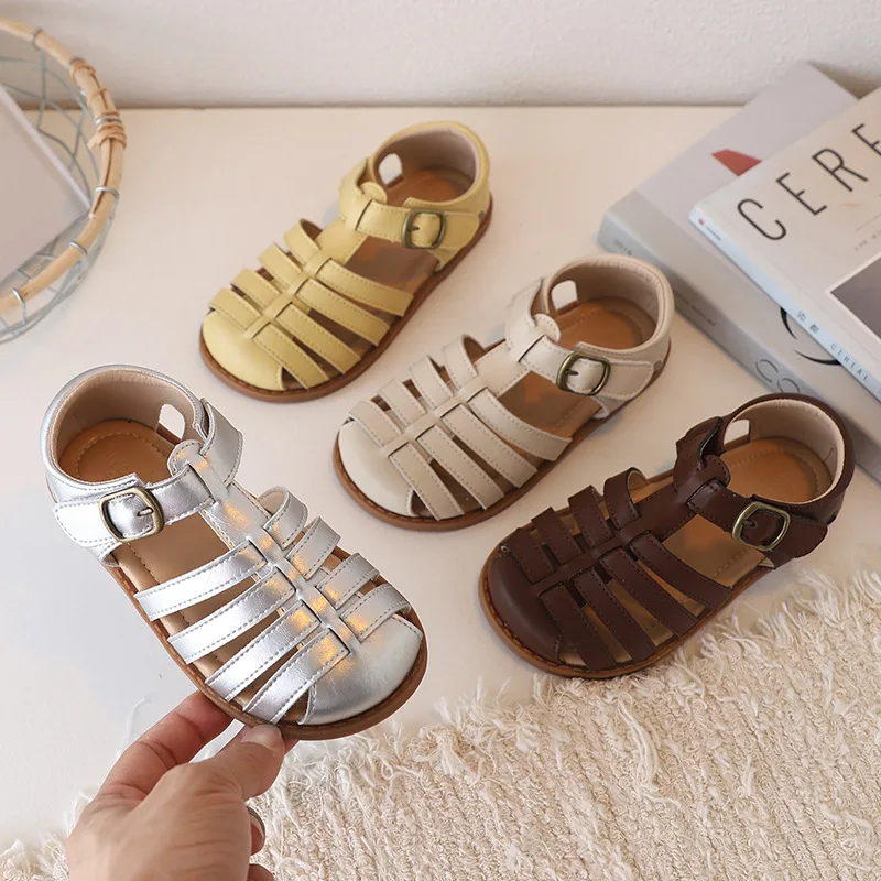 Girls' Sandals 2026 Summer New Arrivals: Genuine Leather Fashionable Open-Toe Sandals, Boys' Woven Sandals, Baby Beach Sandals