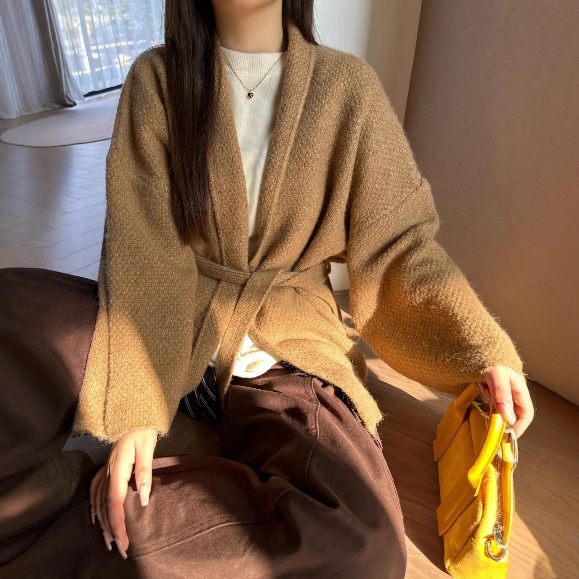 

SuperAen Mid-length Knitted Sweater Coat Autumn and Winter New Lace-up Waist Loose Cardigan Solid Color Casual Coats