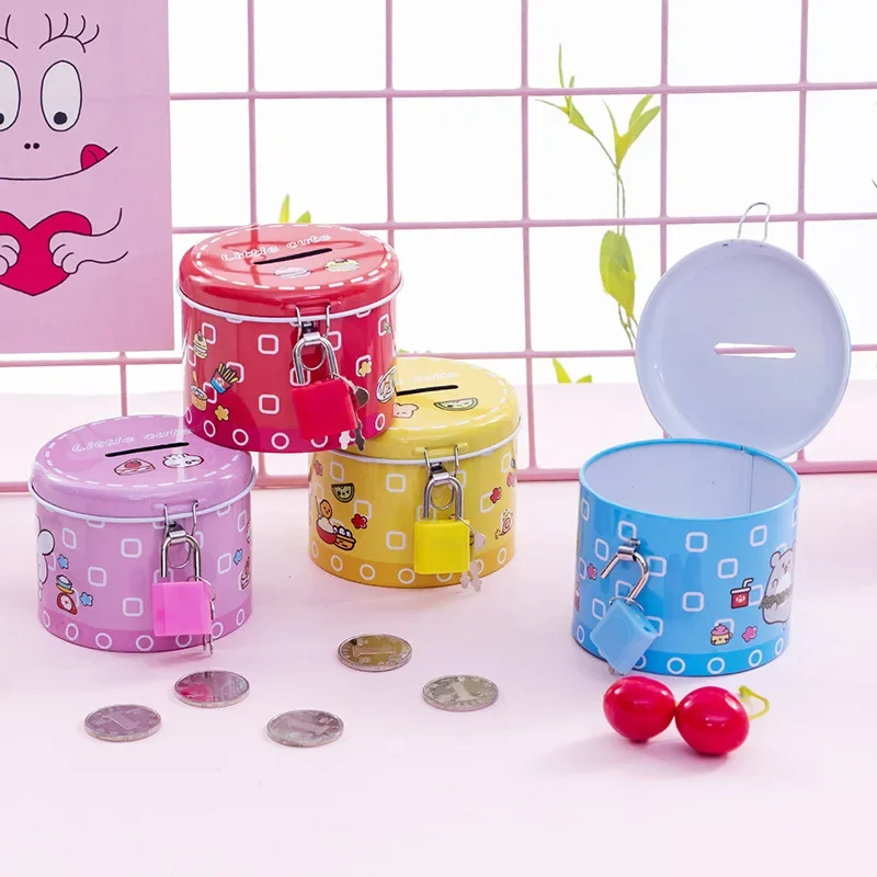 Creative Metal Cylinder Piggy Bank Tinplate Cartoon Saving Bank With Iron Lock For Gifts