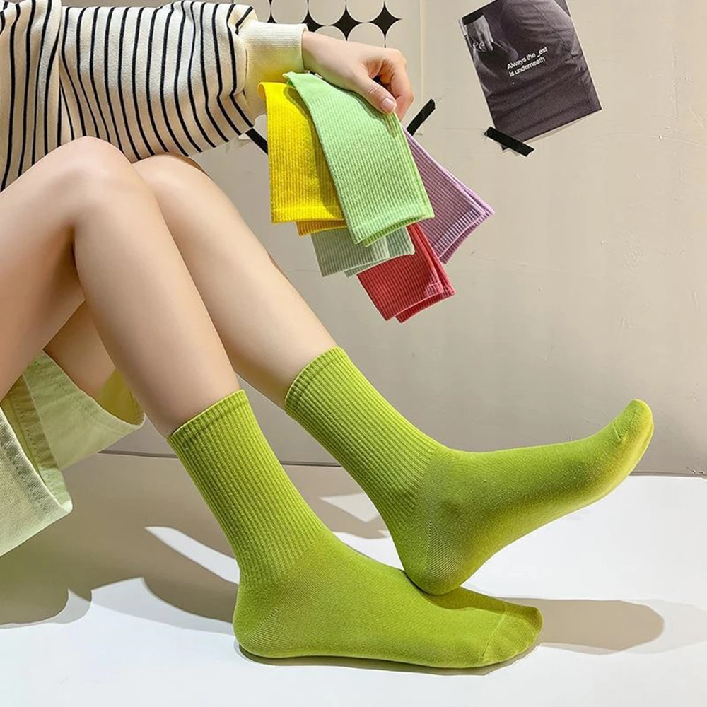 1 Pair Women Mid Socks Ins Style Korean Version Candy Color Simple Solid Color Mid Socks Breathable And Comfortable Daily Socks.