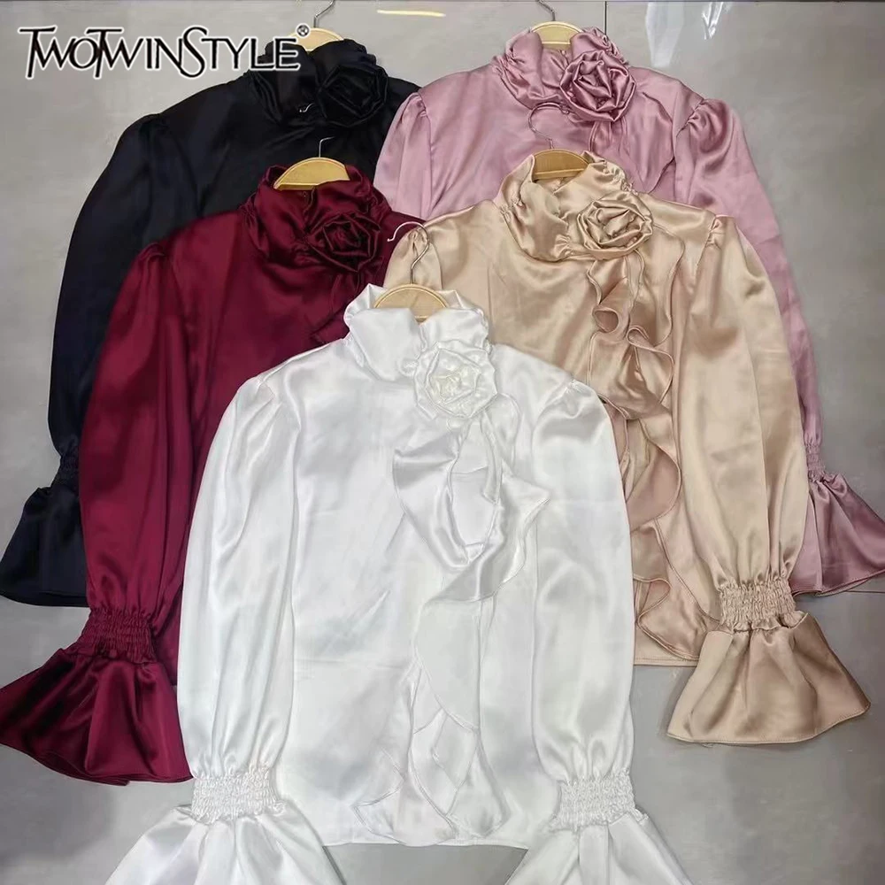 

TWOTWINSTYLE Solid Vintage Spliced Appliques Blouses For Women Round Neck Long Sleeve Autumn Chic Shirts Female New KBL553150