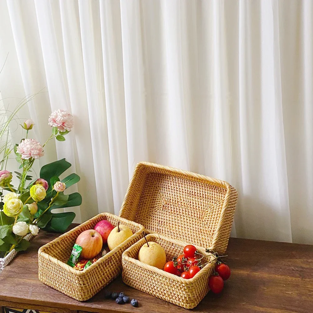 Hand-woven Round Artificial Rattan Wicker Basket Handmade Rattan Basket Household Food Cosmetic Storage Box for Cake Snack Drink