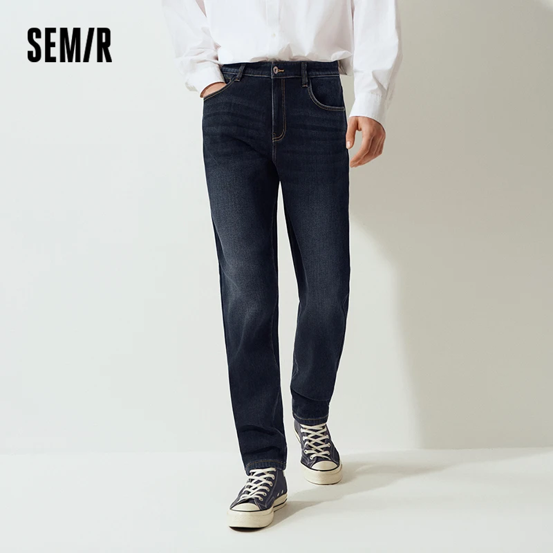 Semir Men Jeans Fleece Lined Stretch Tapered Fit Whisker Distressed Wash 2026 Vintage Warm Urban Casual Denim PantsSemir Men Jea