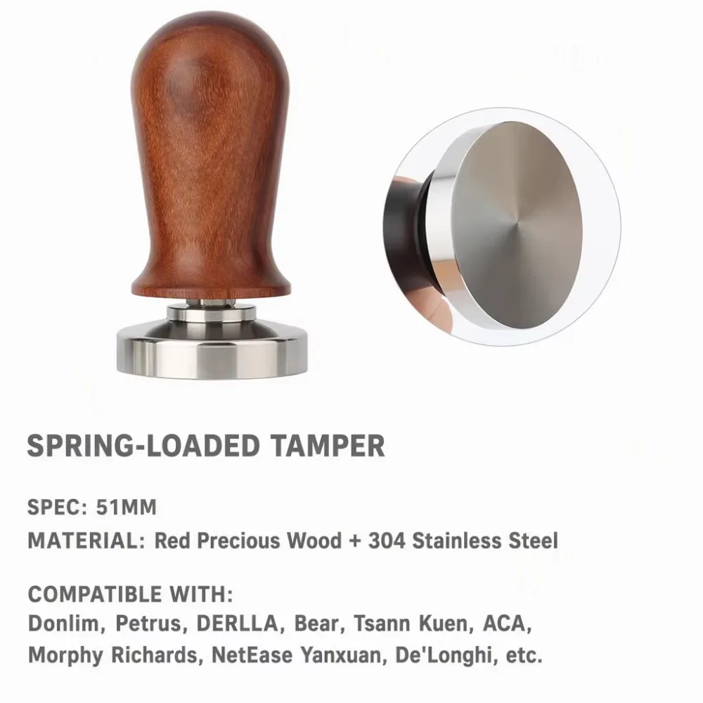 51/53/58mm Spring Loaded Espresso Tamper Stainless Steel Coffee Tamper Wooden Handle Constant Pressure Barista Tool