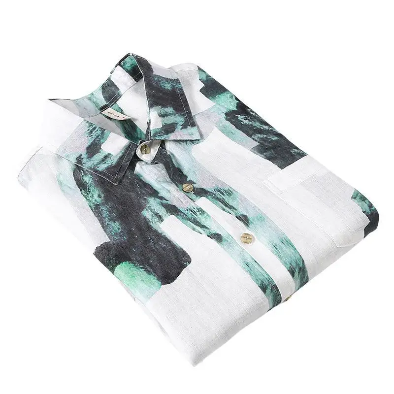 Style coréen printemps nouveau hommes poche imprimé Linen100% chemises à manches longues adt décontracté hommes extérieur respirant mince vêtements M-3XL