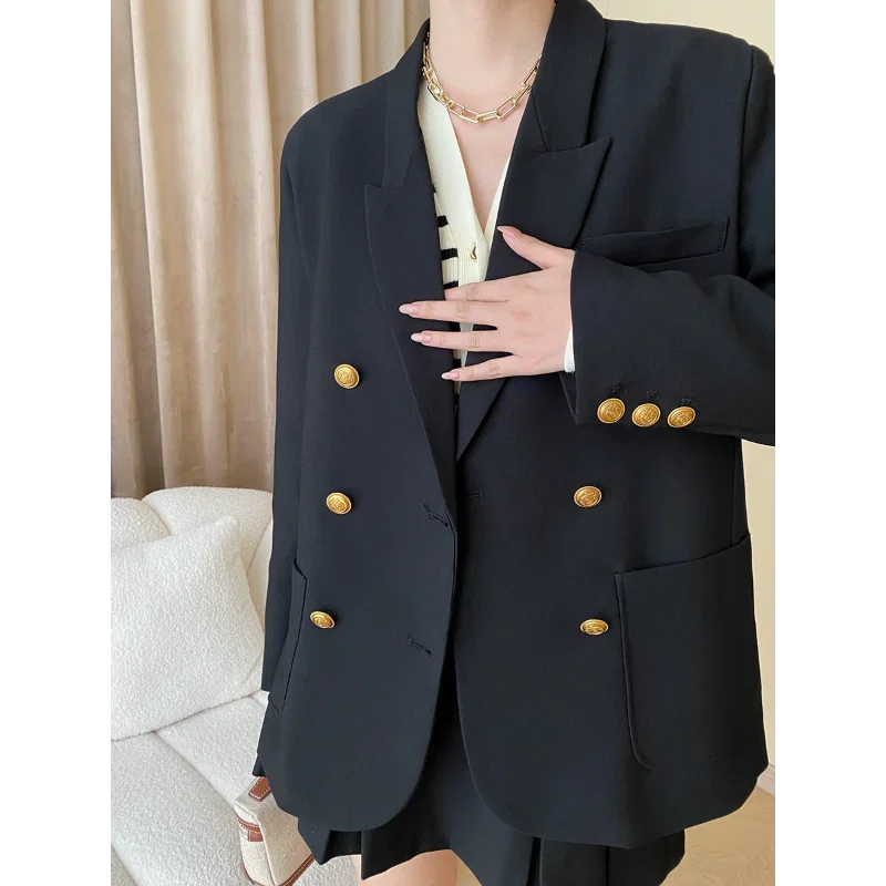 Black Vintage College Style Double-breasted Suit Coat Women Classic Basic Gold Buckle Casual French Long-sleeved Lady Jacket