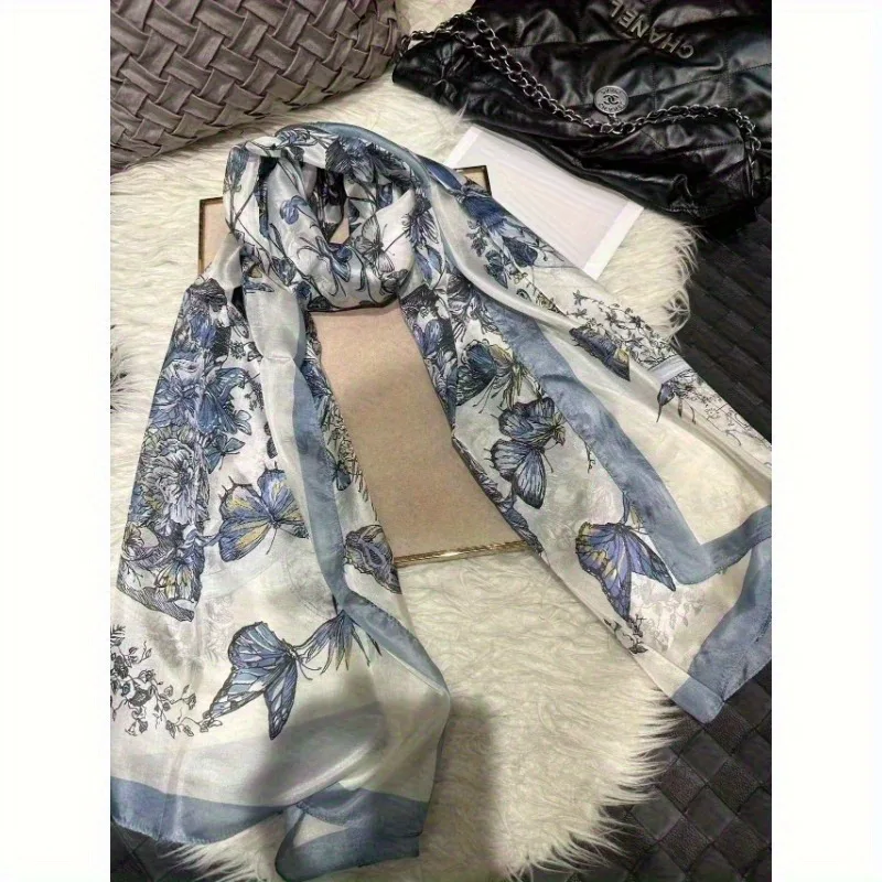 

Lightweight 100% Mulberry Silk Scarf for Women Oblong Shawl Neck Scarf Beach Wrap Headscarf Gift Light Blue Butterfly Print