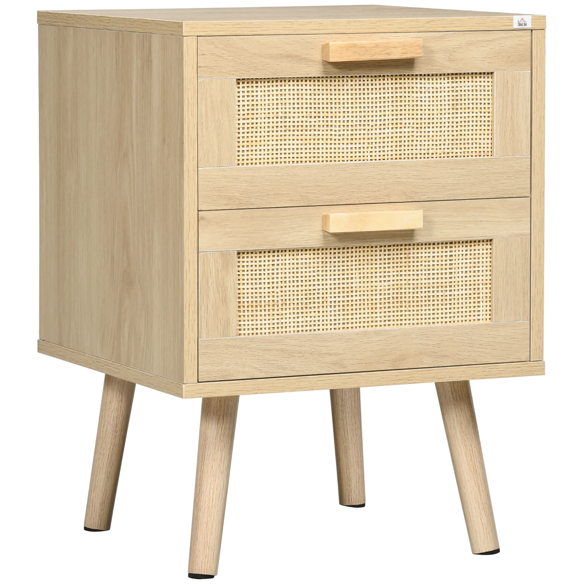 HOMCOM design Boho bedside table with 2 drawers and wooden legs for living room bedroom 40x40x56 cm Natural