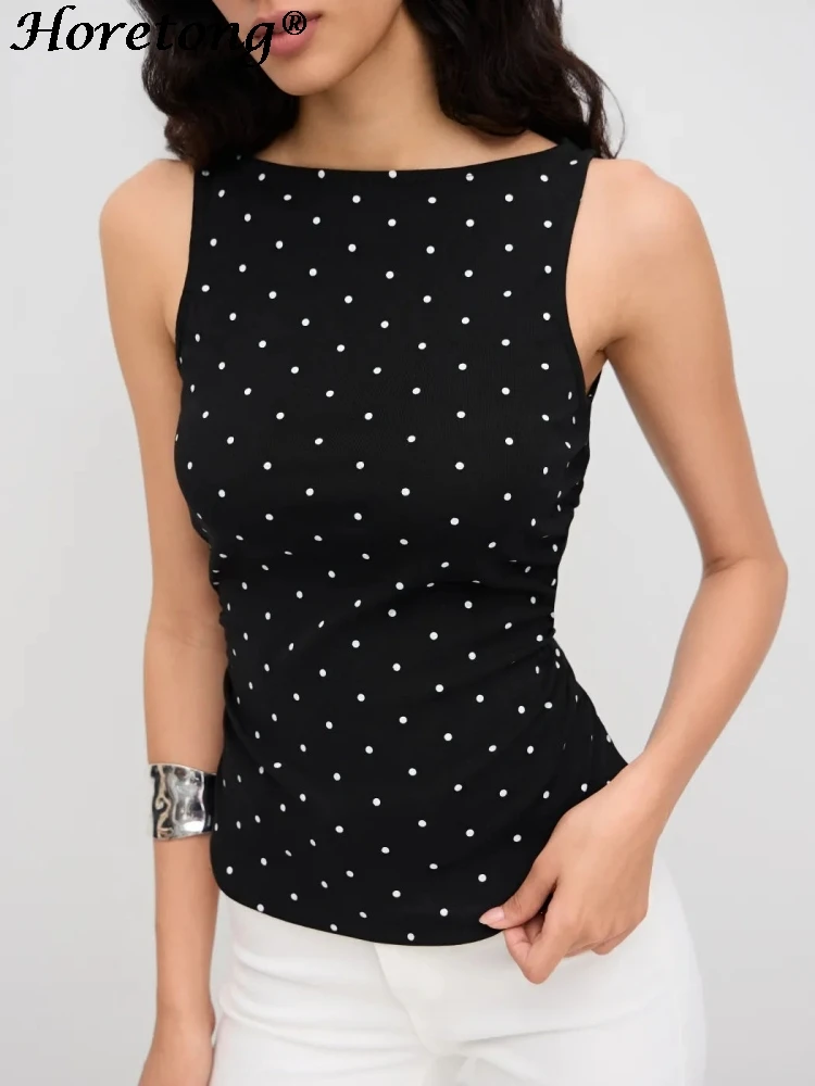 Top corto sin mangas con cuello barco y lunares retro para mujer, con cintura fruncida, espalda descubierta y lazo, ajuste ceñido, casual y sexy, Verano 2026