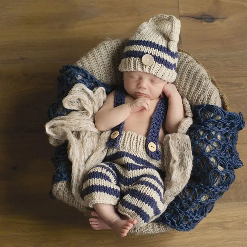 Baby Striped Knitted Hat and Jumpsuit Newborn Baby Boys Crochet Knit Costume Photography Prop Outfits Photo