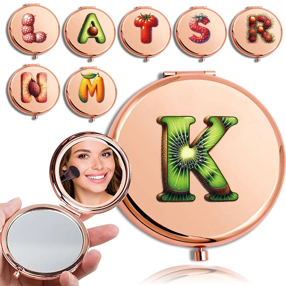 Ręczne lusterko powiększające do makijażu, okrągłe, przenośne, metalowe narzędzie kosmetyczne podróżne, urocze lusterko kieszonkowe z klapką, wzór z motywem owoców i liter.