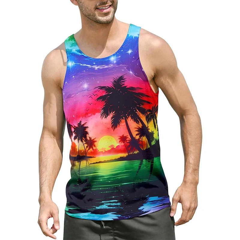 Hawaii Vacation Funny Vest Men's Clothing Colorful Plant Print Sleeveless Shirt Fantasy Animal Graphic 2025 Summer Trend Tank