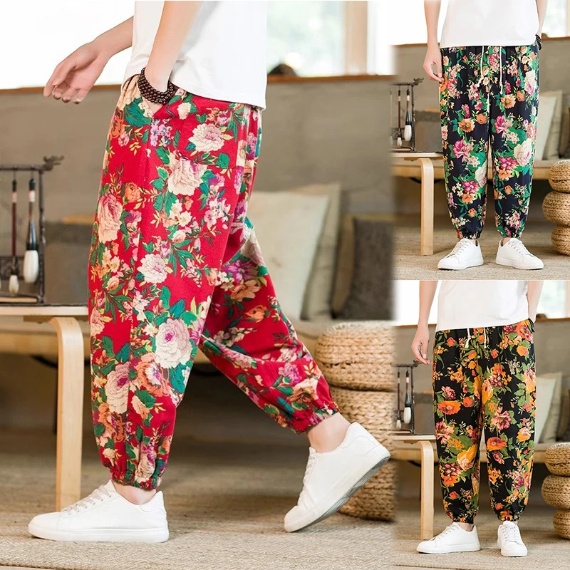 

Men's Chinese Style Printed Casual Pants Thin Section Loose Cotton and Linen Harem Pants Men's Retro Flower Lantern Pants