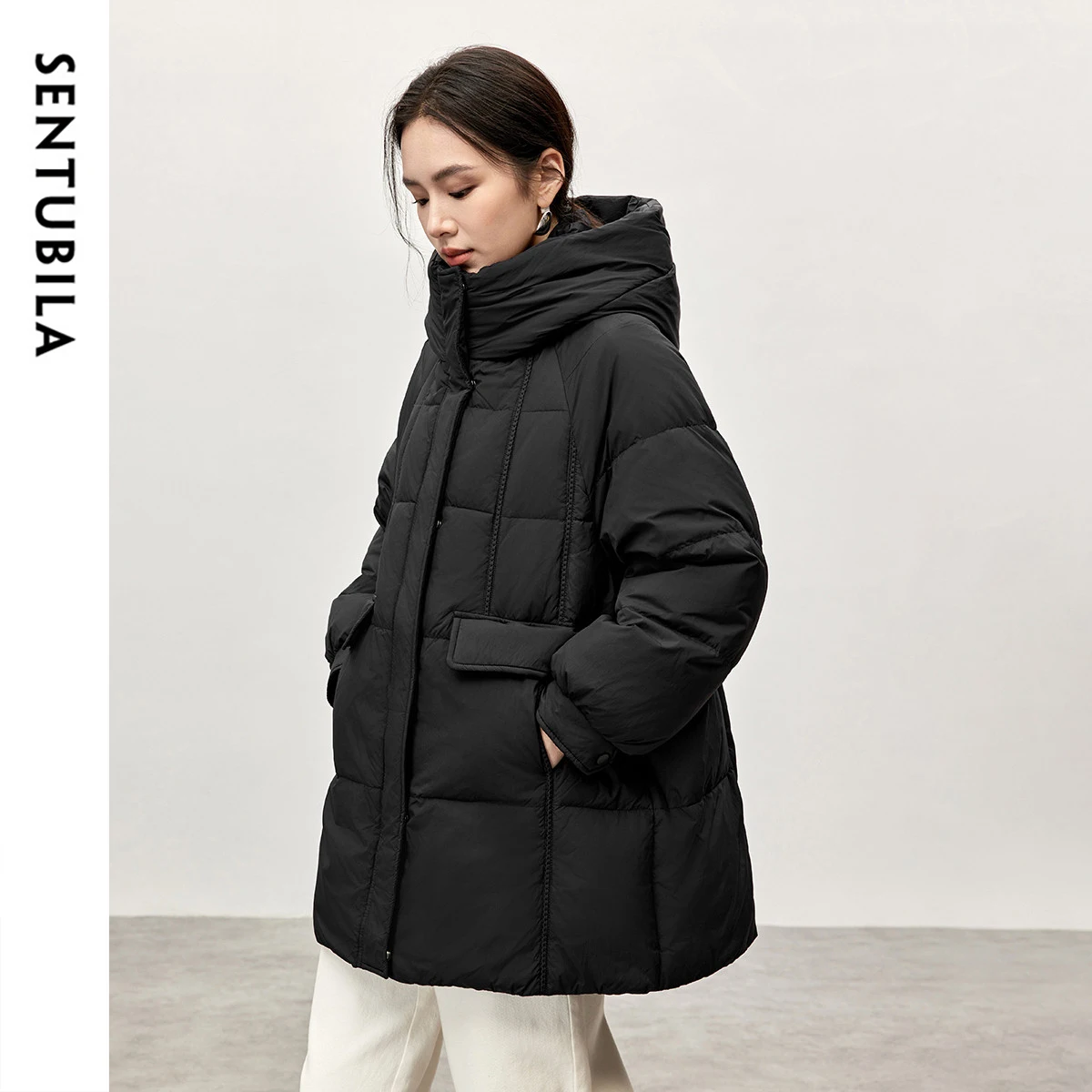 SENTUBILA 90% White Duck Down Coat for Women 2024 Winter Hooded Stand Neck Zipper Thick Warm Puffer Jacket Women W44Y57034