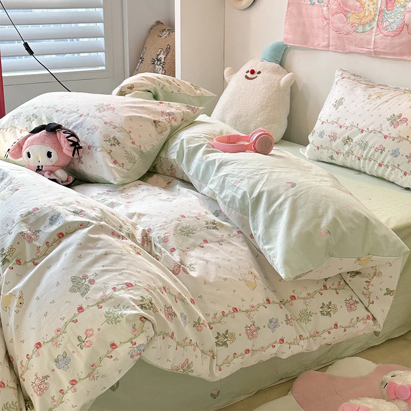 Little fresh strawberry bunny pure cotton four-piece idyllic cute quilt cover girl heart bed three