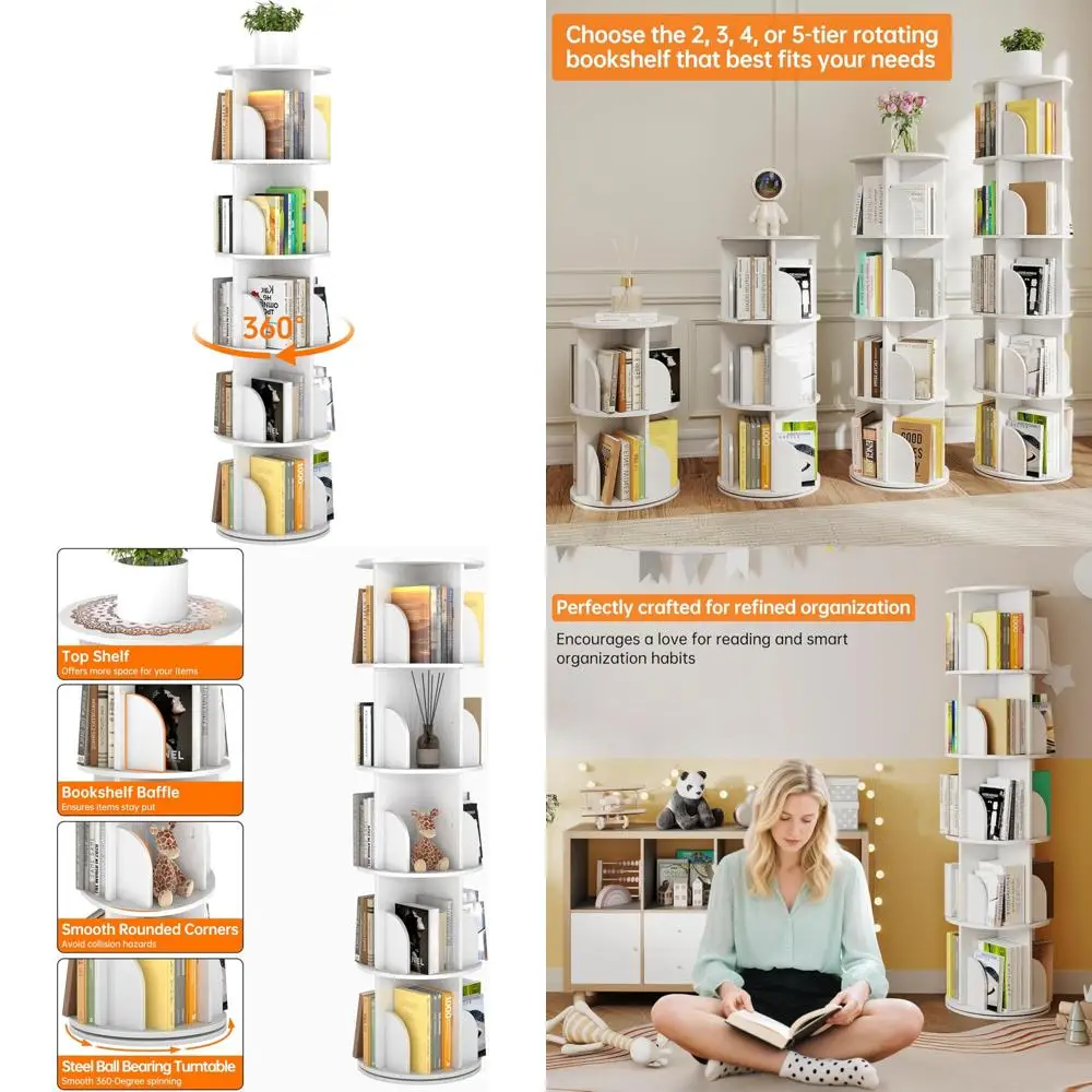 

5-Tier 360-Degree Rotating Corner Bookcase with Lazy Susan, White Space-Saving Tower Organizer for Small Spa Areas