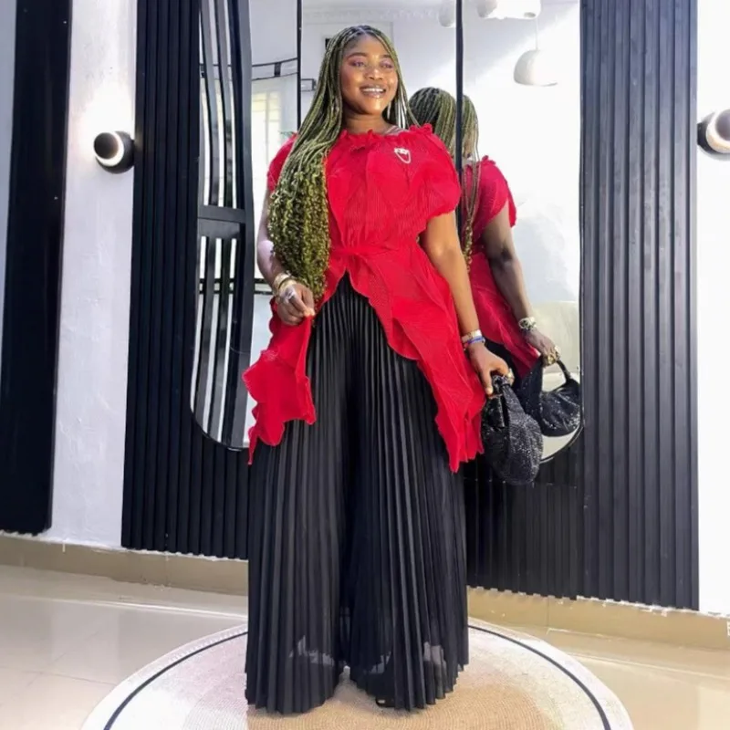 African Pleated Plus Size Women's Miyake Summer Fashion Casual Irregular Top Loose Stretch Straight Wide Leg Pants 2-piece Set