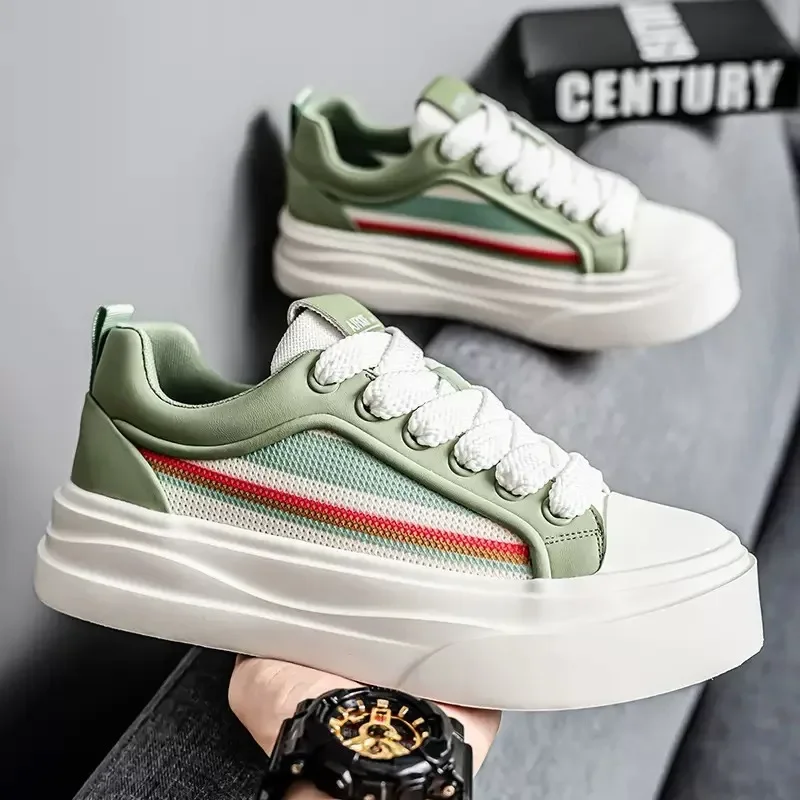 Heren Chunky Groene Sneakers Veterschoenen Canvas Schoenen Ademend Lage Top Casual Wandelschoenen Dikke Zool Comfortabel Tenis1